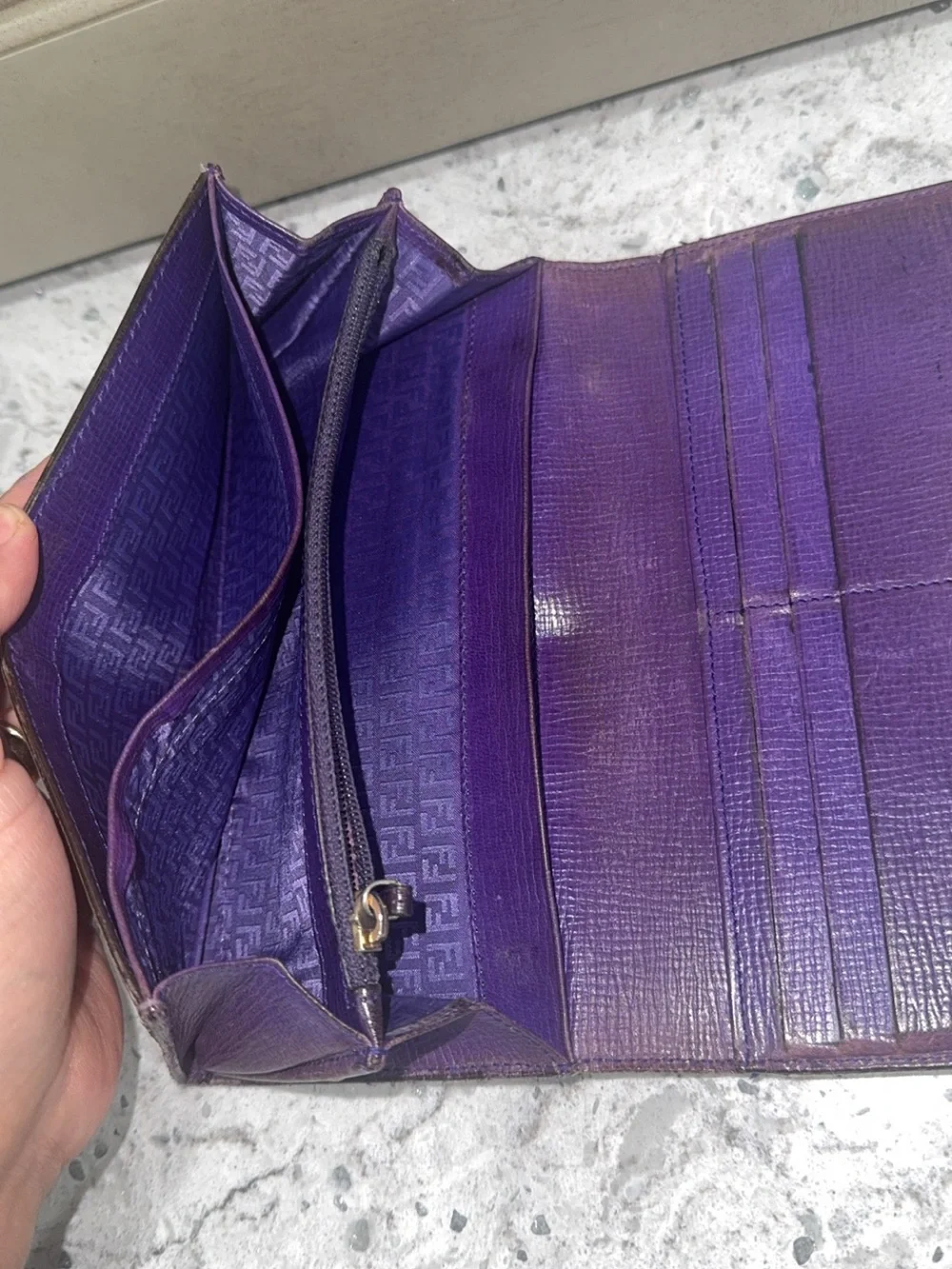 FENDI ZUCCA CONTINENTAL TOBACCO WALLET PURPLE INTERIOR —AUTHENTIC—